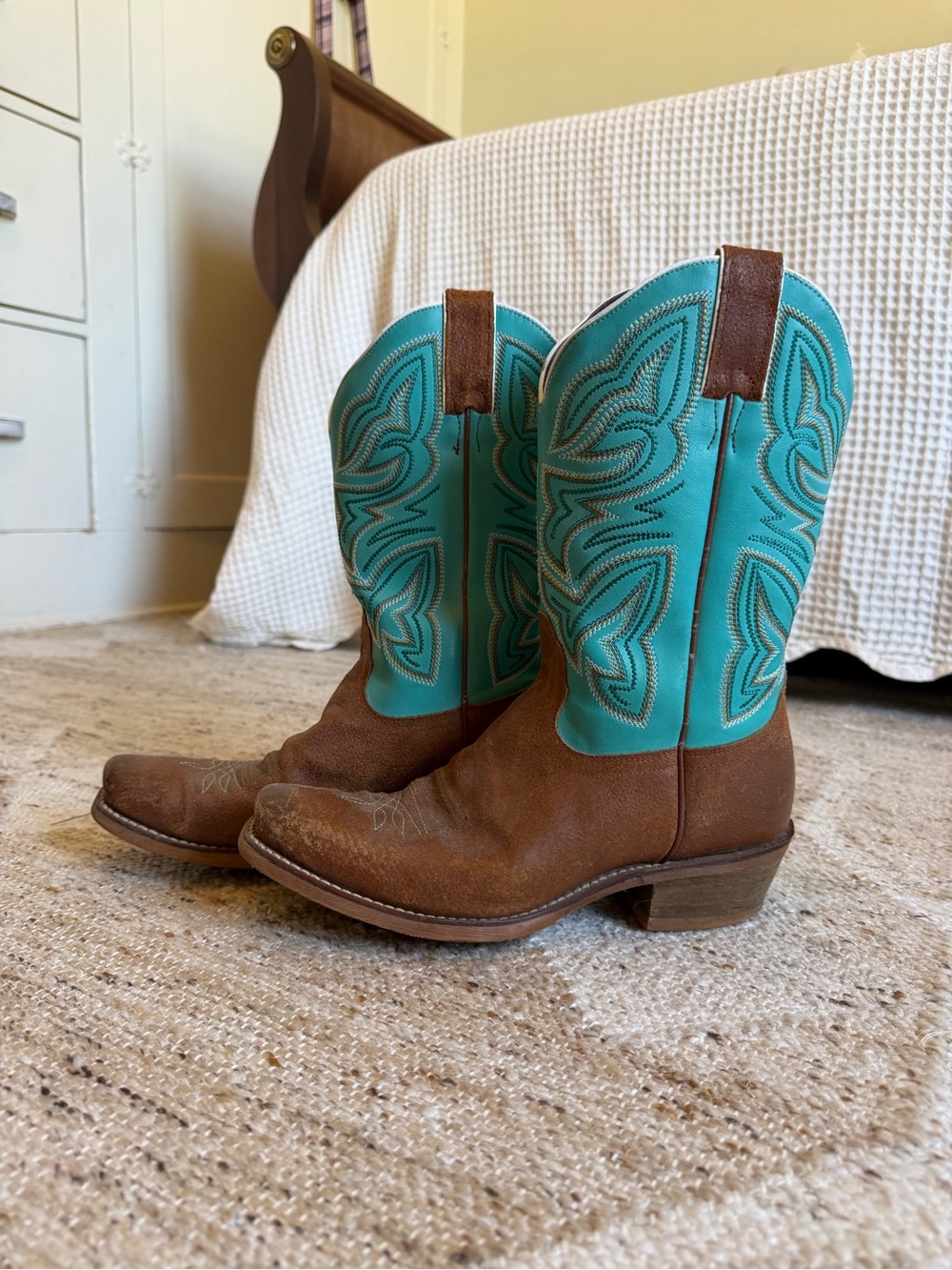 Women’s Brown Leather & Turquoise Western Heeled Boots